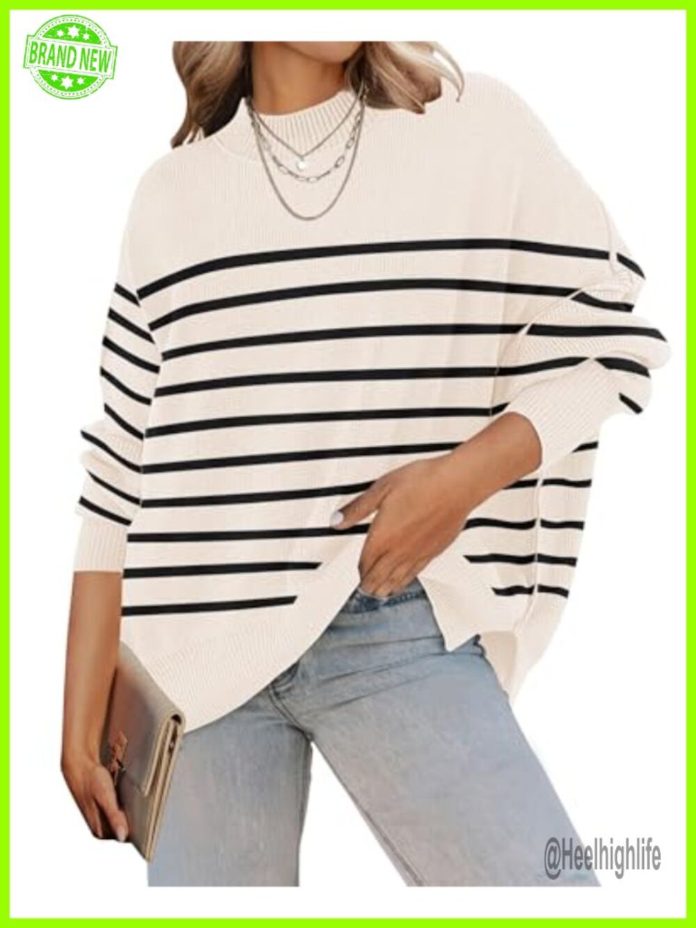 Oversized Striped Ribbed Knit Sweater Batwing Sleeve Tunic Pullover